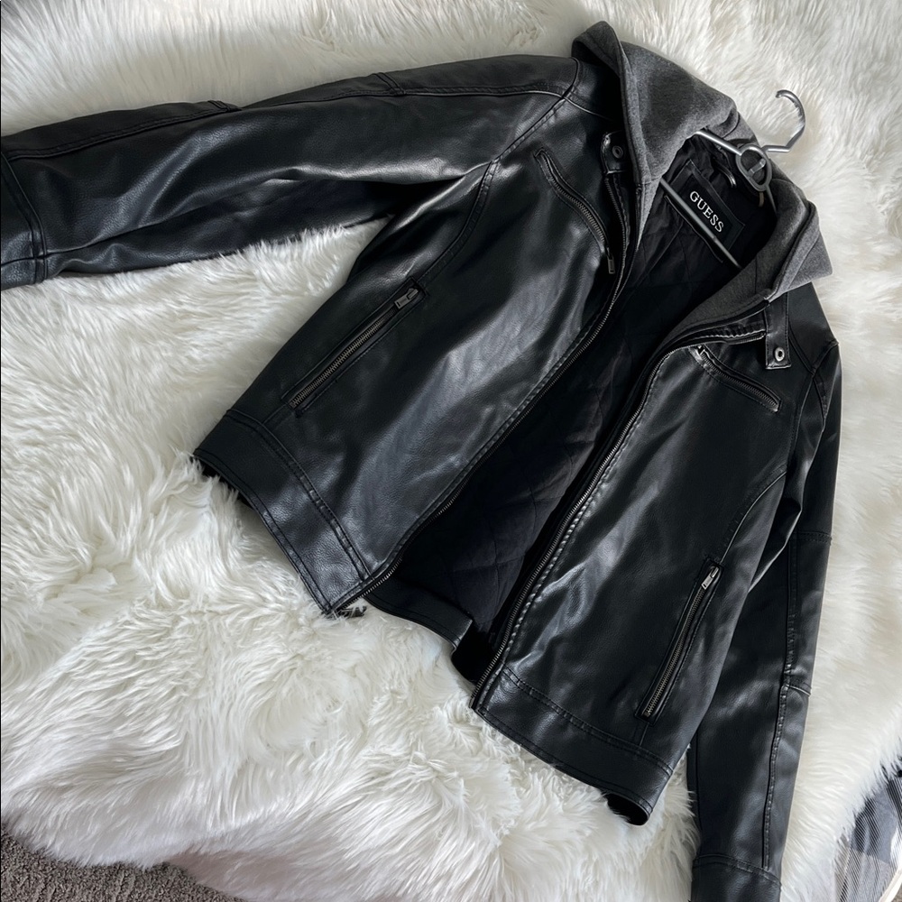 Mens Black faux Leather Jacket with Gray Hood.